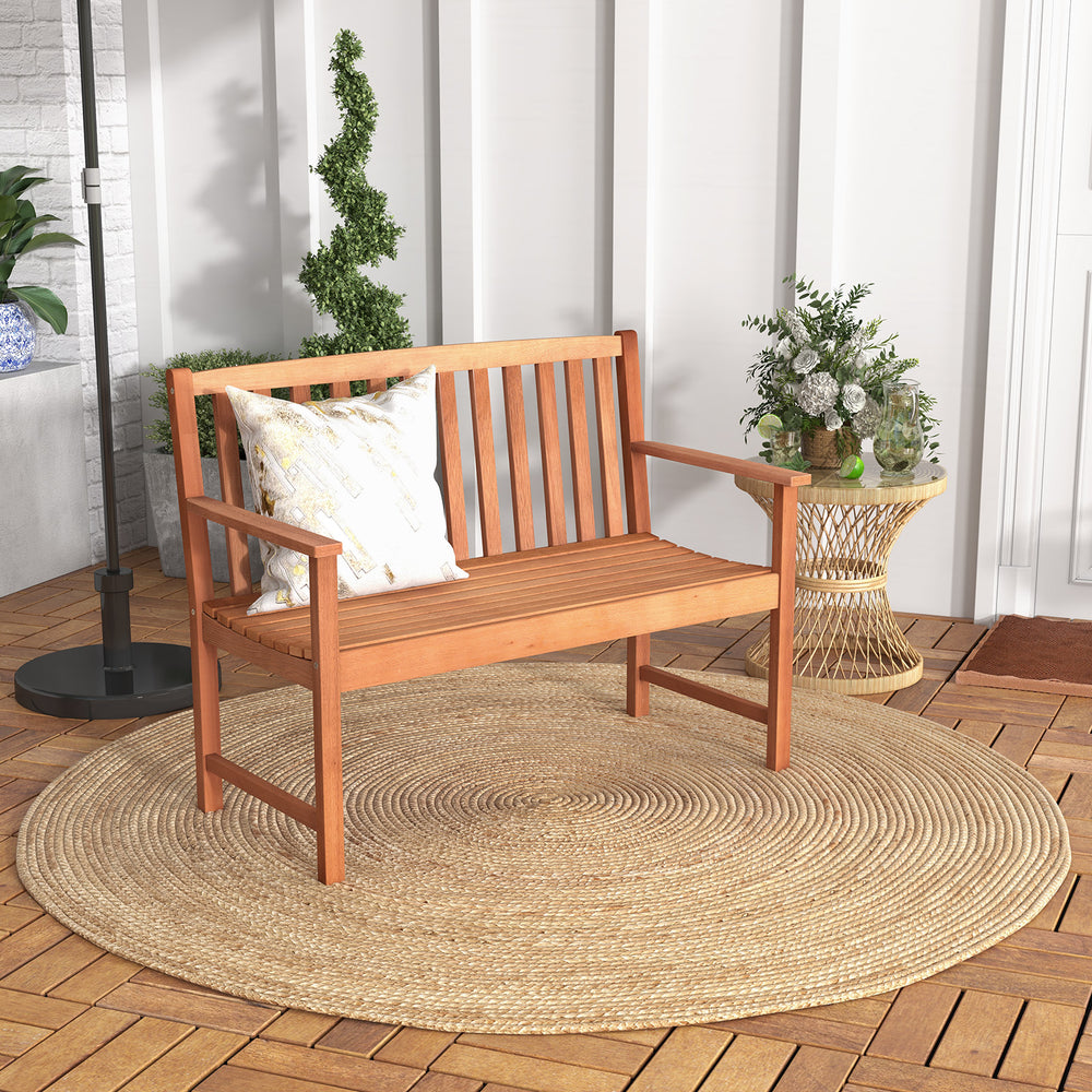 Wide sitting area is perfect for 2 people to sit together<br>Made of premium eucalyptus wood for long-time use<br>Curved seat and high backrest relieve your fatigue<br>Slatted seat is breathable and not easy to accumulate water<br>Natural appearance adds 