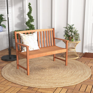 Wide sitting area is perfect for 2 people to sit together<br>Made of premium eucalyptus wood for long-time use<br>Curved seat and high backrest relieve your fatigue<br>Slatted seat is breathable and not easy to accumulate water<br>Natural appearance adds 