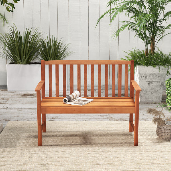 Wide sitting area is perfect for 2 people to sit together<br>Made of premium eucalyptus wood for long-time use<br>Curved seat and high backrest relieve your fatigue<br>Slatted seat is breathable and not easy to accumulate water<br>Natural appearance adds 