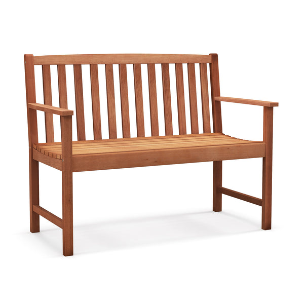 Wide sitting area is perfect for 2 people to sit together<br>Made of premium eucalyptus wood for long-time use<br>Curved seat and high backrest relieve your fatigue<br>Slatted seat is breathable and not easy to accumulate water<br>Natural appearance adds 