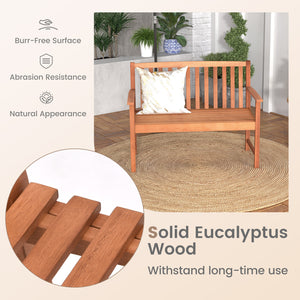 Wide sitting area is perfect for 2 people to sit together<br>Made of premium eucalyptus wood for long-time use<br>Curved seat and high backrest relieve your fatigue<br>Slatted seat is breathable and not easy to accumulate water<br>Natural appearance adds 