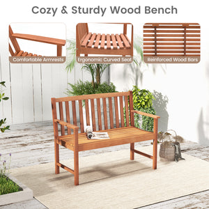 Wide sitting area is perfect for 2 people to sit together<br>Made of premium eucalyptus wood for long-time use<br>Curved seat and high backrest relieve your fatigue<br>Slatted seat is breathable and not easy to accumulate water<br>Natural appearance adds 