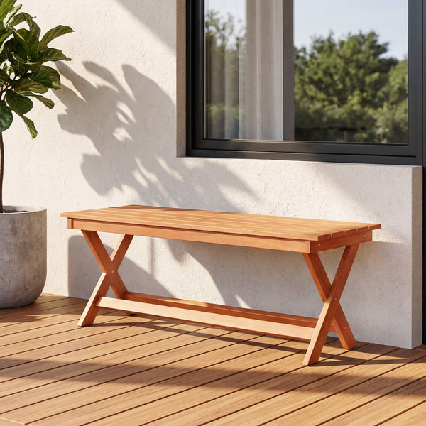 This natural woodÂ exhibits a beautiful grain  creating pleasing visual aesthetics <br>A splinter-free surfaceÂ results from theÂ high hardnessÂ of premium timber <br>Sturdy X-shaped legsÂ firmly ensure solid ground stabilityÂ for safe sitting <br>Two cro