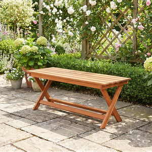 This natural woodÂ exhibits a beautiful grain  creating pleasing visual aesthetics <br>A splinter-free surfaceÂ results from theÂ high hardnessÂ of premium timber <br>Sturdy X-shaped legsÂ firmly ensure solid ground stabilityÂ for safe sitting <br>Two cro