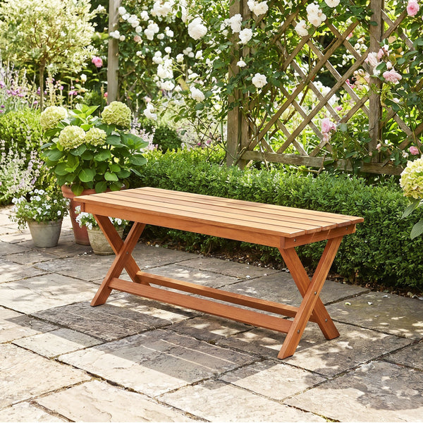 This natural woodÂ exhibits a beautiful grain  creating pleasing visual aesthetics <br>A splinter-free surfaceÂ results from theÂ high hardnessÂ of premium timber <br>Sturdy X-shaped legsÂ firmly ensure solid ground stabilityÂ for safe sitting <br>Two cro