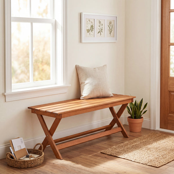 This natural woodÂ exhibits a beautiful grain  creating pleasing visual aesthetics <br>A splinter-free surfaceÂ results from theÂ high hardnessÂ of premium timber <br>Sturdy X-shaped legsÂ firmly ensure solid ground stabilityÂ for safe sitting <br>Two cro