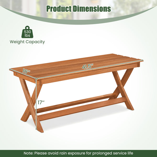 This natural woodÂ exhibits a beautiful grain  creating pleasing visual aesthetics <br>A splinter-free surfaceÂ results from theÂ high hardnessÂ of premium timber <br>Sturdy X-shaped legsÂ firmly ensure solid ground stabilityÂ for safe sitting <br>Two cro