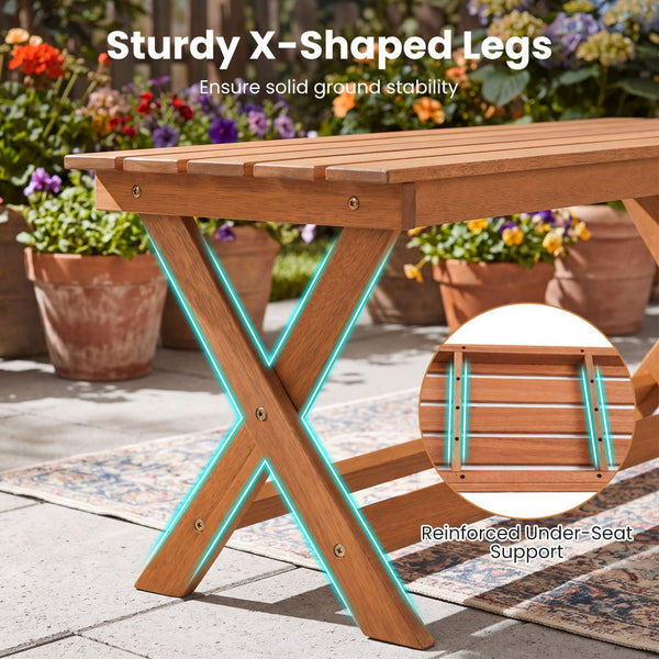 This natural woodÂ exhibits a beautiful grain  creating pleasing visual aesthetics <br>A splinter-free surfaceÂ results from theÂ high hardnessÂ of premium timber <br>Sturdy X-shaped legsÂ firmly ensure solid ground stabilityÂ for safe sitting <br>Two cro