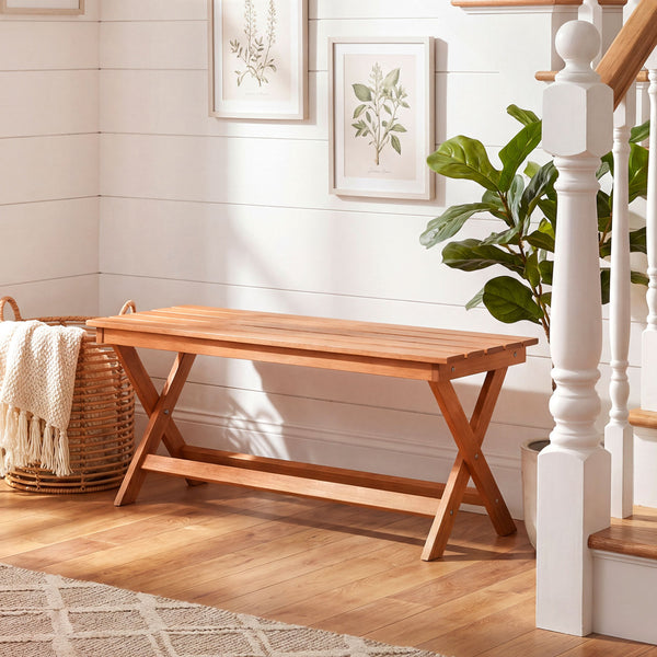 This natural woodÂ exhibits a beautiful grain  creating pleasing visual aesthetics <br>A splinter-free surfaceÂ results from theÂ high hardnessÂ of premium timber <br>Sturdy X-shaped legsÂ firmly ensure solid ground stabilityÂ for safe sitting <br>Two cro