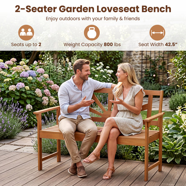 Seats up to 2 adults with a 42.5" seat width and a 800 lbs max load<br>Built with reinforced bars under the seat for stronger support<br>Solid acacia wood frame lasts longer with cracking resistance<br>Slatted panels keep airflow moving for cooler relaxat