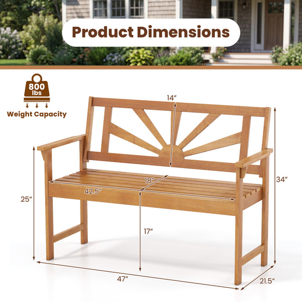 Seats up to 2 adults with a 42.5" seat width and a 800 lbs max load<br>Built with reinforced bars under the seat for stronger support<br>Solid acacia wood frame lasts longer with cracking resistance<br>Slatted panels keep airflow moving for cooler relaxat