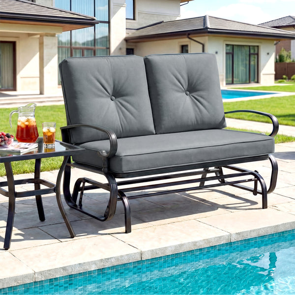 Make the outdoor enjoyment even longer with this outdoor swing glider bench! Â  Through swinging back and forth  this 2-person patio glider chair not only brings a smooth and quiet rocking experience  but also allows you and the one you loved to swing tog
