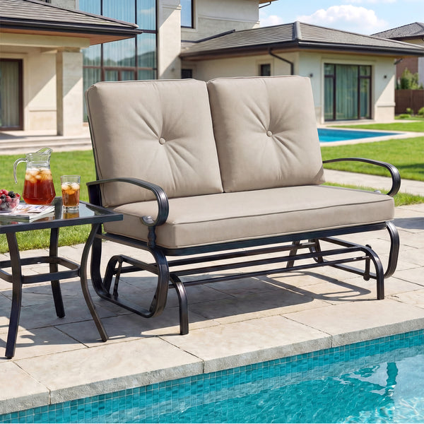 Make the outdoor enjoyment even longer with this outdoor swing glider bench! Â  Through swinging back and forth  this 2-person patio glider chair not only brings a smooth and quiet rocking experience  but also allows you and the one you loved to swing tog