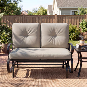 Make the outdoor enjoyment even longer with this outdoor swing glider bench! Â  Through swinging back and forth  this 2-person patio glider chair not only brings a smooth and quiet rocking experience  but also allows you and the one you loved to swing tog