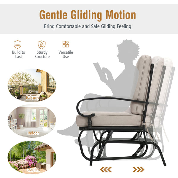 Make the outdoor enjoyment even longer with this outdoor swing glider bench! Â  Through swinging back and forth  this 2-person patio glider chair not only brings a smooth and quiet rocking experience  but also allows you and the one you loved to swing tog