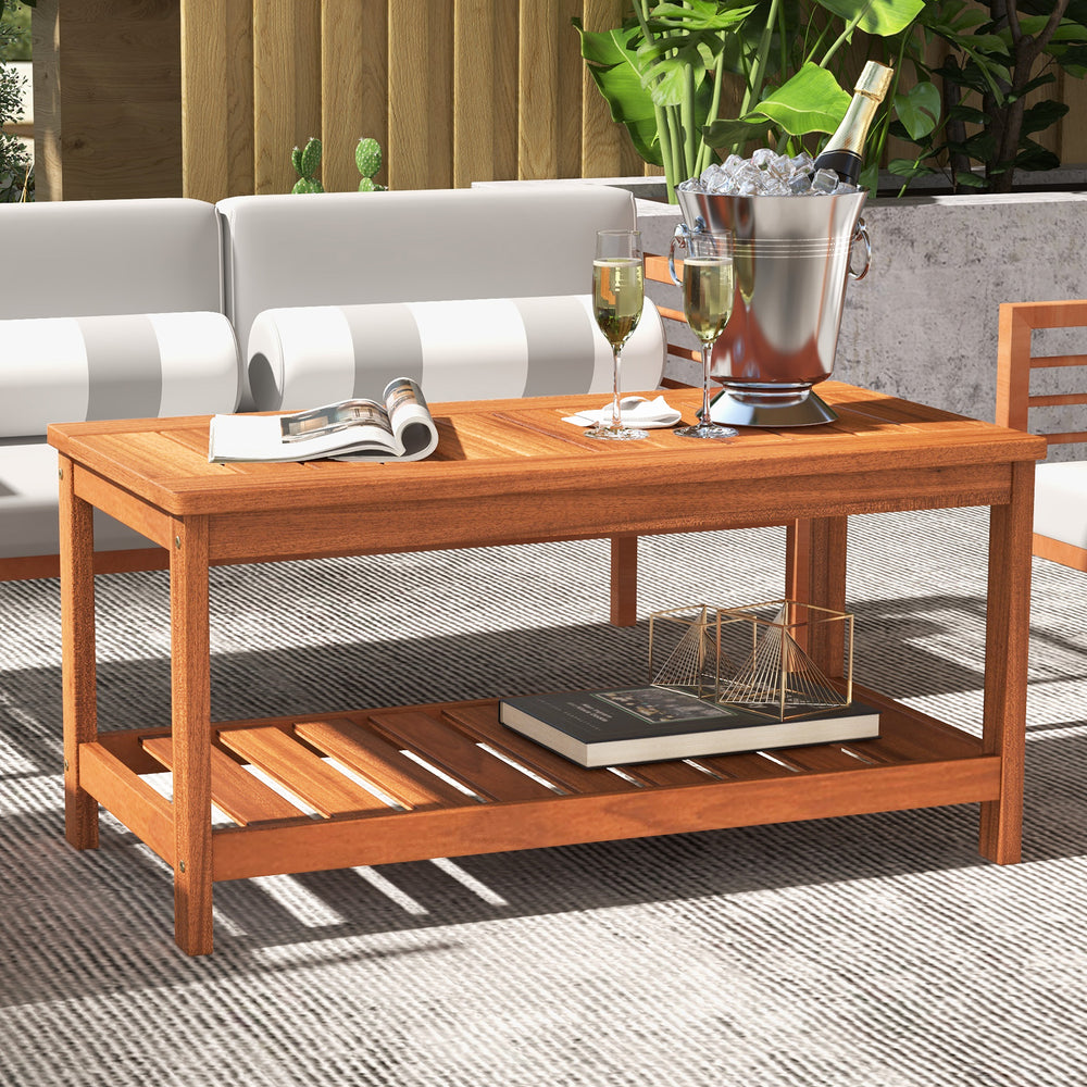 Made of solid wood for high stability and durability<br>Spacious tabletop makes items easy to fetch<br>Bottom storage shelf offers extra storage space<br>Looks elegant with natural wood surface<br>Suitable for both indoor and outdoor places<br>Matches mos