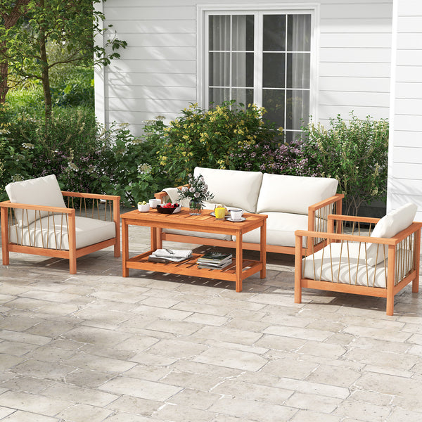 Made of solid wood for high stability and durability<br>Spacious tabletop makes items easy to fetch<br>Bottom storage shelf offers extra storage space<br>Looks elegant with natural wood surface<br>Suitable for both indoor and outdoor places<br>Matches mos
