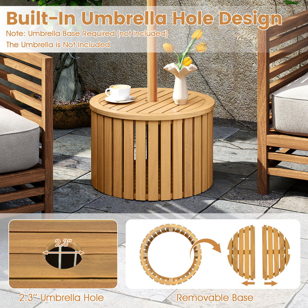 Premium acacia wood offers long-lasting outdoor use<br>2.3-inch umbrella hole fits most patio umbrellas (the umbrella is not included)<br>Removable base allows easy placement of umbrella stand<br>Note: Umbrella base required (not included)<br>Square One: 