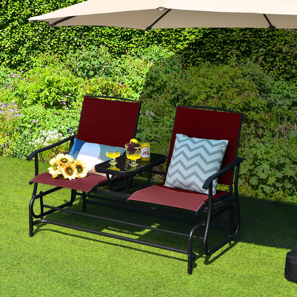 Solid heavy-duty steel frame and durable fabric<br>2 people can sit together to enjoy leisure time<br>Great weight capacity of 530 lbs<br>Quiet and smooth gliding system<br>Anti-slip pads at the bottom of feet<br>Armrests with ergonomic curves on two side