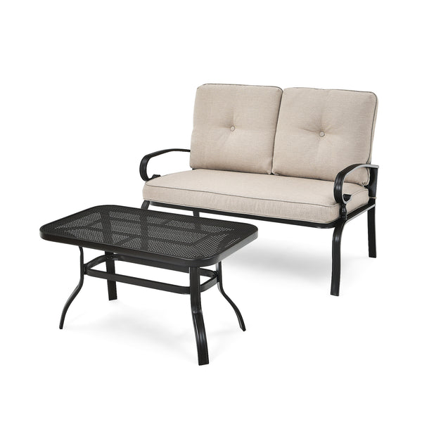 This premium outdoor patio conversation bench set will be a good choice for you. Â  This 2-Piece patio loveseat set includes 1 loveseat  1 coffee table  1 seat cushion and 2 back cushions  which is a great choice for your indoor and outdoor environment. Y