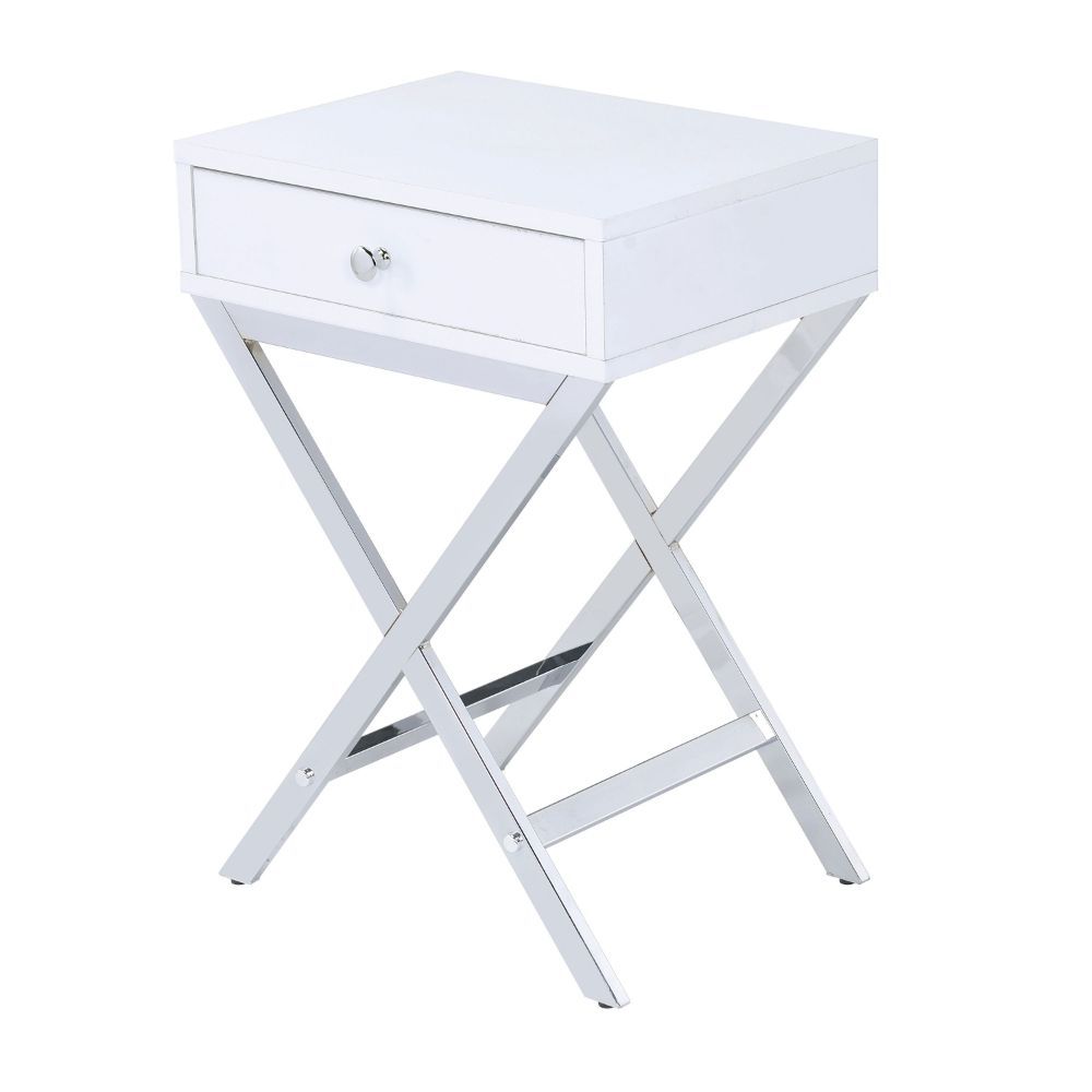 KD, Rectangular Side Table Storage: 1 Drawer () Features: Wooden Top w/Drawer, Metal -"X-" Shape Base (Open Base) CONSTRUCTION Wooden Top & Drawer: White finish, Veneer & PB Metal -"X-" Shape Base: Chrome finish, Metal Tube Drawer: Wood Drawer Glide, Full