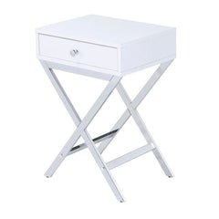 KD, Rectangular Side Table Storage: 1 Drawer () Features: Wooden Top w/Drawer, Metal -"X-" Shape Base (Open Base) CONSTRUCTION Wooden Top & Drawer: White finish, Veneer & PB Metal -"X-" Shape Base: Chrome finish, Metal Tube Drawer: Wood Drawer Glide, Full