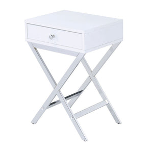 KD, Rectangular Side Table Storage: 1 Drawer () Features: Wooden Top w/Drawer, Metal -"X-" Shape Base (Open Base) CONSTRUCTION Wooden Top & Drawer: White finish, Veneer & PB Metal -"X-" Shape Base: Chrome finish, Metal Tube Drawer: Wood Drawer Glide, Full