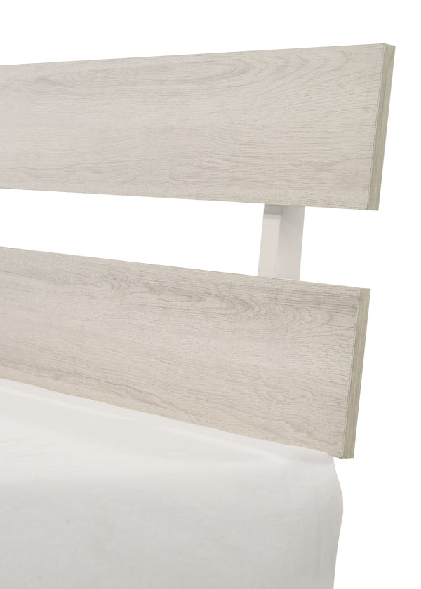  yet contemporary aesthetic with its clean lines and neutral color palette. The set includes a low-profile bed frame