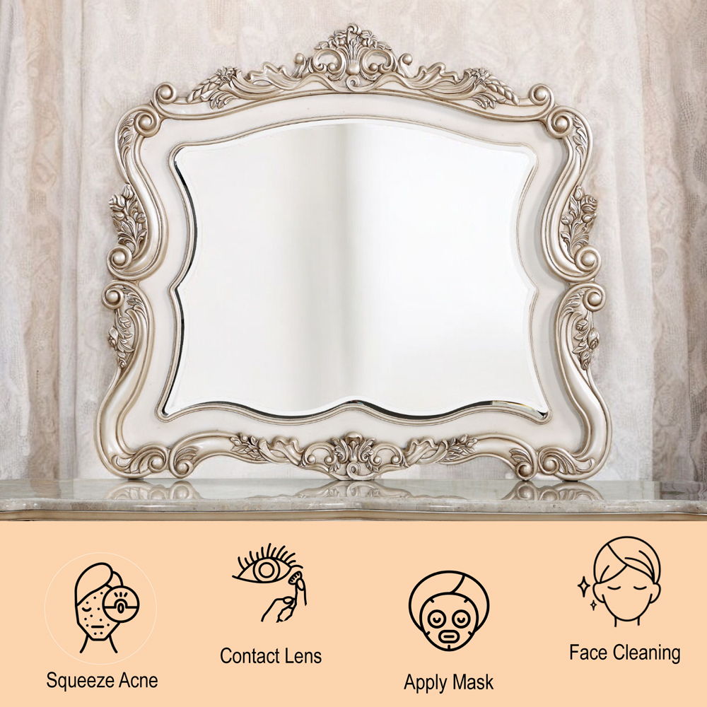 The Gorsedd dresser is exclusively designed and filled with romantic spirit. Expertly detailed, the mirror is crafted with romantic elements combining Queen Anne legs and ornate floral accents in matching antique finish. Add glamorous French provincial ch