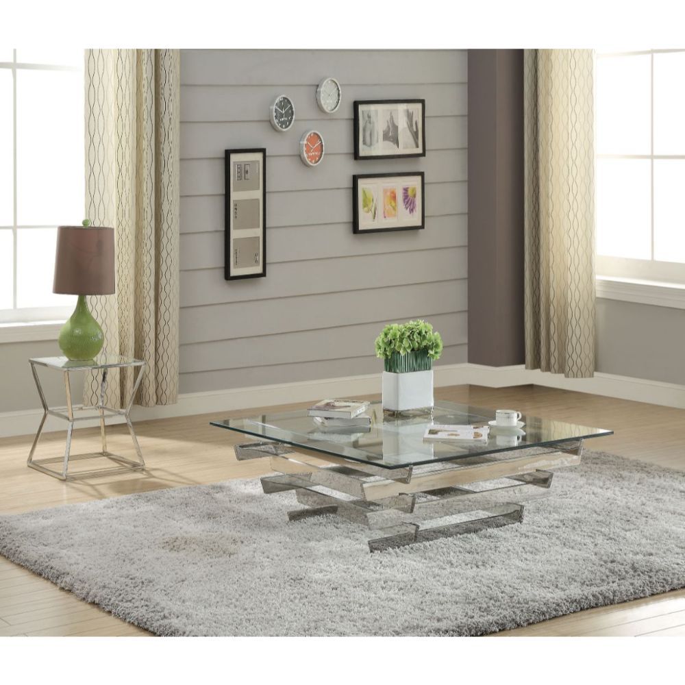 KD, Square Coffee Table (No Storage) â€¢ Glass Top: 12mm Clear Tempered Glass (Not Beveled) â€¢ Base: Inverted Pyramid<br/><br/><b>Product Features</b><ul><li>Top: 12mm Clear Tempered Glass</li><li>Metal Geometric Base</li><li>Case: 1Set/2Ctn</li><li>Fini