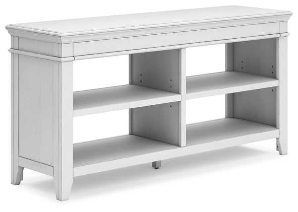 Make a style statement with this home office credenza. Its traditional design is updated with an on trend distressed whitewash finish. The credenza-'s open storage and adjustable shelving add up to a well-organized workspace.<br><br><b>Additional Dimensio