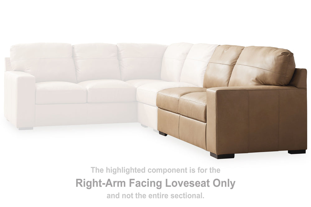 This right-arm facing loveseat is made with a combination of 100% top grain leather and faux leather upholstery. Pairs with other items in the series to make a sectional.<br><br><b>Additional Dimensions</b><br><ul><li>Arm height: 26-"</li><li>Seat depth: 