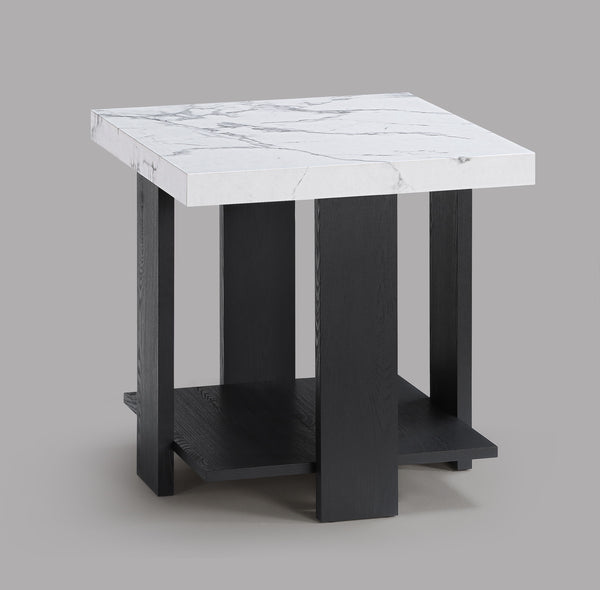  flanked by two matching end tables. Each piece boasts a sturdy construction with clean lines and a striking faux 