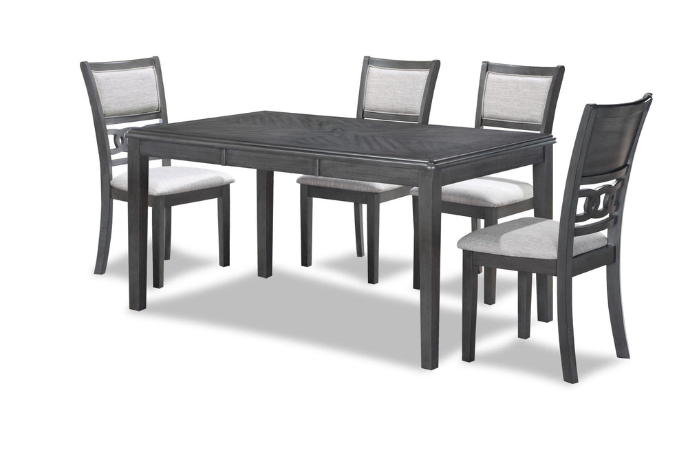The New Classic Gia 5-Piece Wood Rectangle Dining Set is crafted from solid Rubberwood and Mindi veneers for a perfect blend of durability and aesthetic appeal. The contemporary gray finish, achieved through a meticulous multistep process and clear coat, 