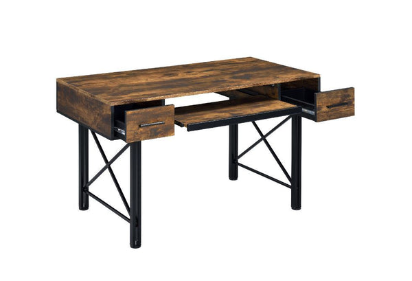  It is accented with metal trim and -"X-" shpaed support for industrial details. The rectangular table is designed for a spacious 