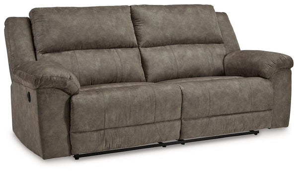 Is being too comfortable even possible? Itâ€™s worth finding out in this reclining sofa. Wrapped in the plushest of neutral faux leather upholstery, it-'s perfectly cushioned in all the right places. We love the sofa-'s super-wide seating, with plenty of 