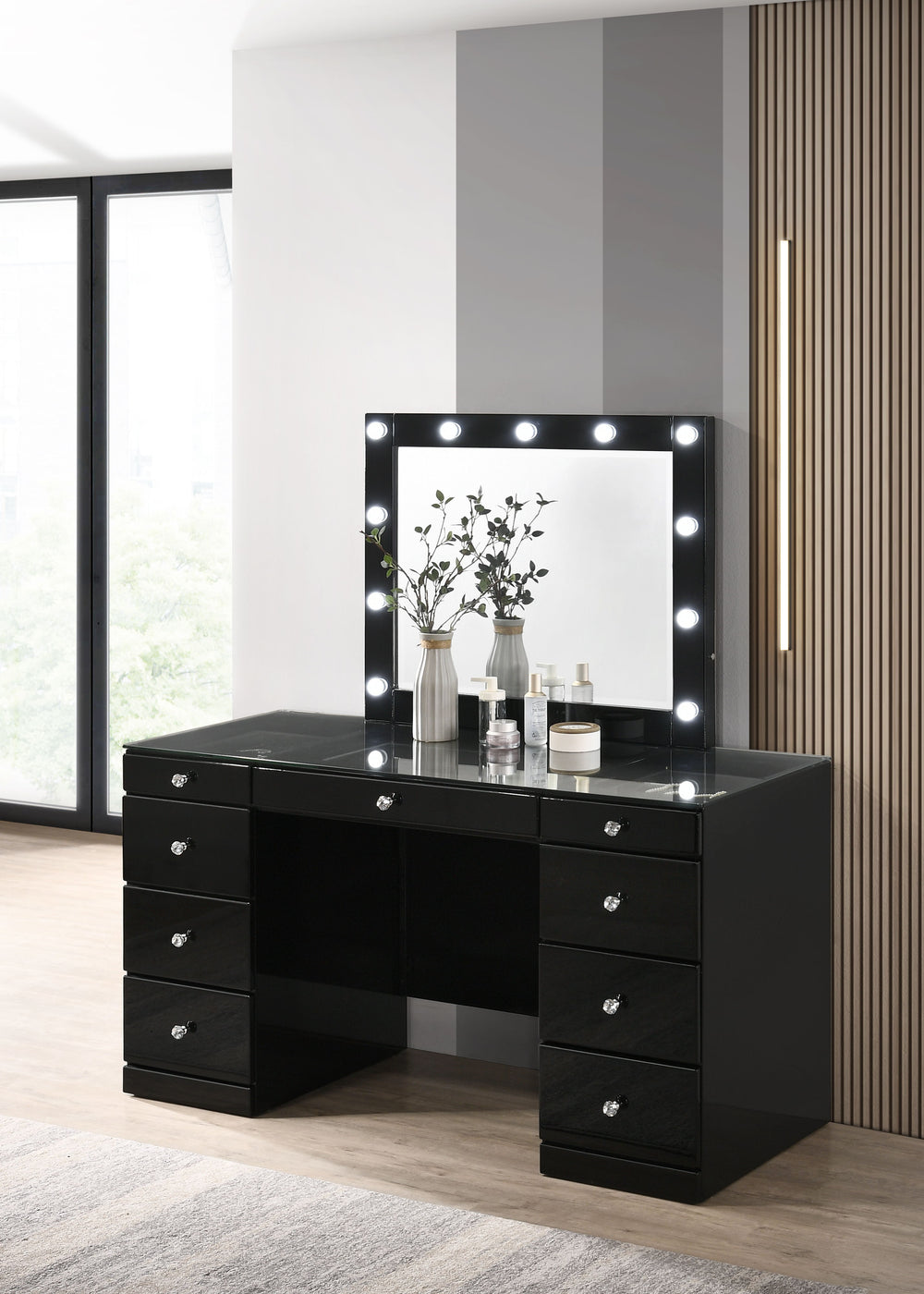Avery - Vanity Desk With Glass Top - Black<h4><b>Avery - Vanity Base - Black</b></h4> <table width="100%"><colgroup><col style="width: 30%"> <col style="width: 70%"> </colgroup> <tbody> <tr> <td>Dimensions</td> <td> 57.00"L x 23.25"D x 31.00"H</td> </tr> 