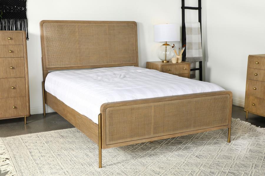 Elevate your retro-inspired bedroom with this mid-century modern style bed, designed with a charming wire-brushed, sand wash finish across its elegant woven cane panel wood headboard and footboard. Adding a modern glam touch are slender metal tube legs in