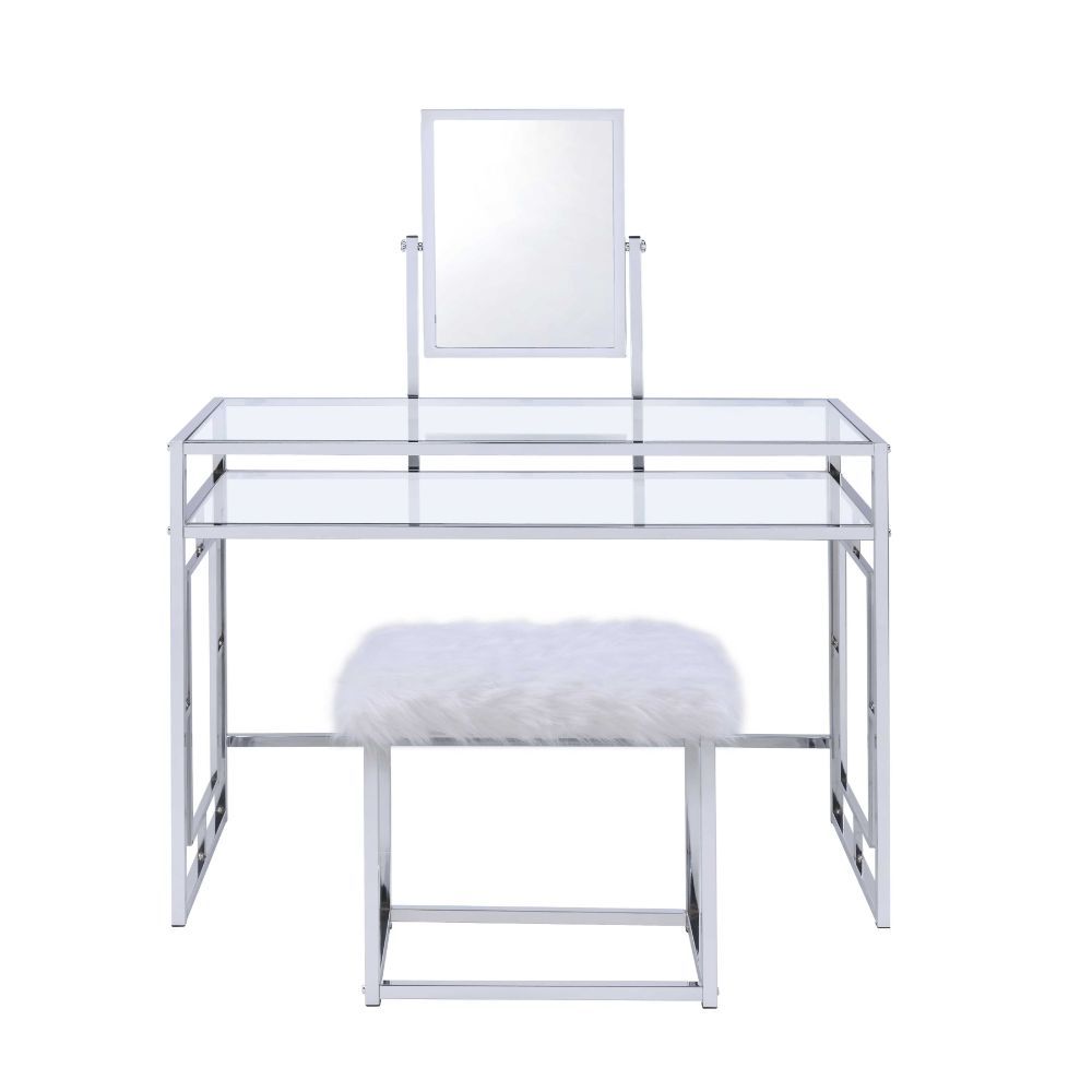 Offering plenty of storage with its contemporary style, this Carenze II vanity desk with 1 open compartment & tilt mirror is a perfect choice for getting ready in the morning. Image sitting down in front of this lovely vanity desk to apply your makeup and