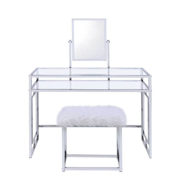  this Carenze II vanity desk with 1 open compartment & tilt mirror is a perfect choice for getting ready in the morning. Image sitting down in front of this lovely vanity desk to apply your makeup and