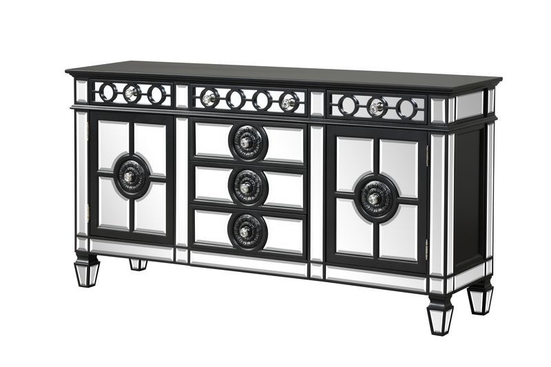 Server Storage: 6 Drawers, 2 Doors (Inside 2 Compartments w/1 Wooden Shelf) Wooden Top & Frame, Raised Geometric Trim, Beveled-Mirror Inlay (Door/Drw/Case), Tapered Leg CONSTRUCTION] Wooden Frame: Beveled Mirror, Wood (Poplar+Rbw), MDF Mirrored Tapered Le
