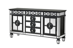 Server Storage: 6 Drawers, 2 Doors (Inside 2 Compartments w/1 Wooden Shelf) Wooden Top & Frame, Raised Geometric Trim, Beveled-Mirror Inlay (Door/Drw/Case), Tapered Leg CONSTRUCTION] Wooden Frame: Beveled Mirror, Wood (Poplar+Rbw), MDF Mirrored Tapered Le