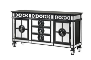 Server Storage: 6 Drawers, 2 Doors (Inside 2 Compartments w/1 Wooden Shelf) Wooden Top & Frame, Raised Geometric Trim, Beveled-Mirror Inlay (Door/Drw/Case), Tapered Leg CONSTRUCTION] Wooden Frame: Beveled Mirror, Wood (Poplar+Rbw), MDF Mirrored Tapered Le