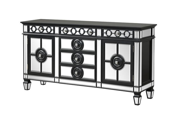Server Storage: 6 Drawers, 2 Doors (Inside 2 Compartments w/1 Wooden Shelf) Wooden Top & Frame, Raised Geometric Trim, Beveled-Mirror Inlay (Door/Drw/Case), Tapered Leg CONSTRUCTION] Wooden Frame: Beveled Mirror, Wood (Poplar+Rbw), MDF Mirrored Tapered Le