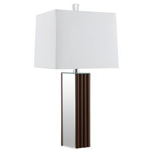 Establish a chic look and feel in your living room with a modern table lamp design. It-'s a rich, warm choice, featuring a deep brown finish and scallop details that create a sense of texture and artisan character. Mirror panels add brightness and reflect