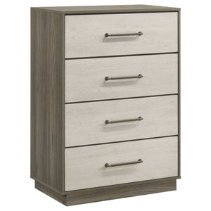 Enhance your bedroom with the elegant functionality of this four-drawer chest, designed to offer ample storage space while adding a touch of contemporary style. The sleek two-tone melamine finish blends natural wood tones, creating a modern aesthetic that