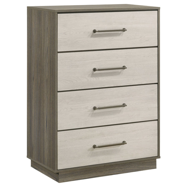 Enhance your bedroom with the elegant functionality of this four-drawer chest, designed to offer ample storage space while adding a touch of contemporary style. The sleek two-tone melamine finish blends natural wood tones, creating a modern aesthetic that