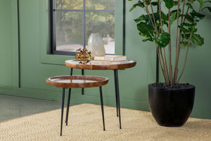  featuring hand-painted floral motifs on eco-friendly solid mango wood tops. The tray-like round surfaces have softly raised edges