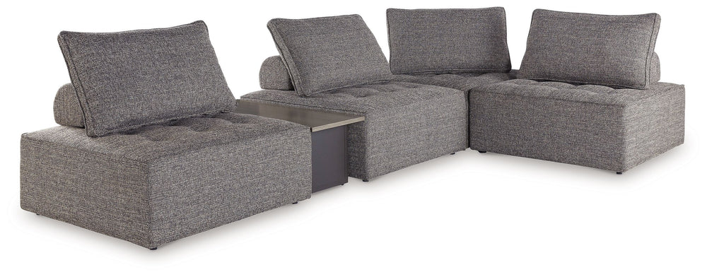 This sectional seeks to bring serenity to your outdoor seating area. Channeling Japandi and casual contemporary aesthetics, its low profile encourages laid-back living without sacrificing sophistication. The included back cushions complete moments of tran