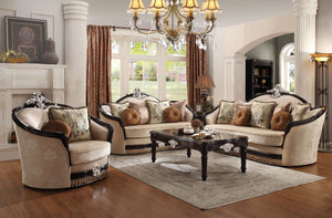 The Ernestine sofa set is an impeccable example of truly remarkable and opulent traditional design. From the curved wood trim on backrest and armrest to the wooden bun leg, every detail boasts old world elegance. Covering in tan fabric, it features tight 